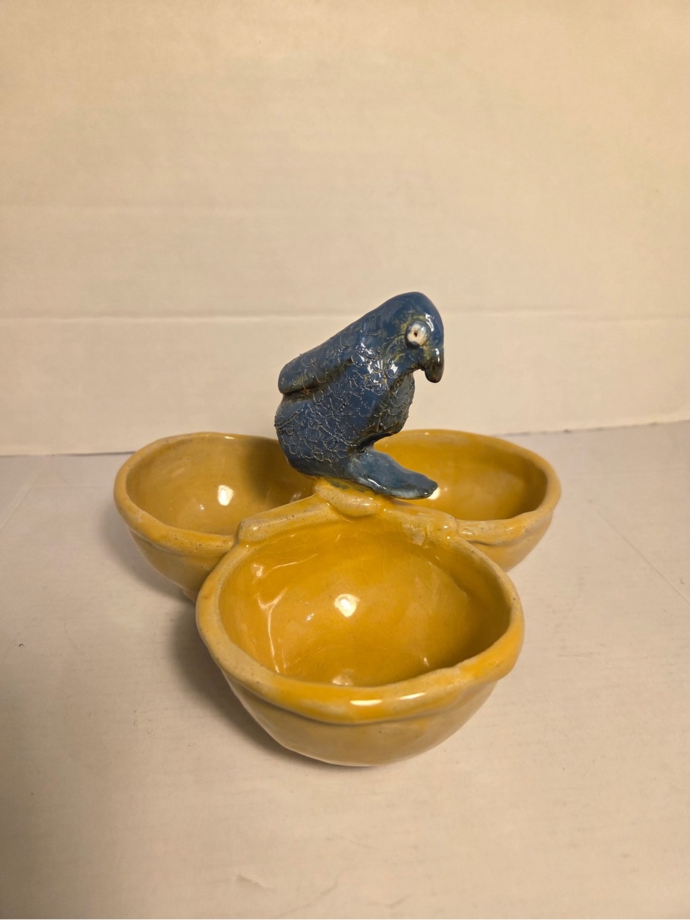 Blue Parrot Yellow Ceramic Triple Dish Trinket Serving Dish Handmade Pottery
